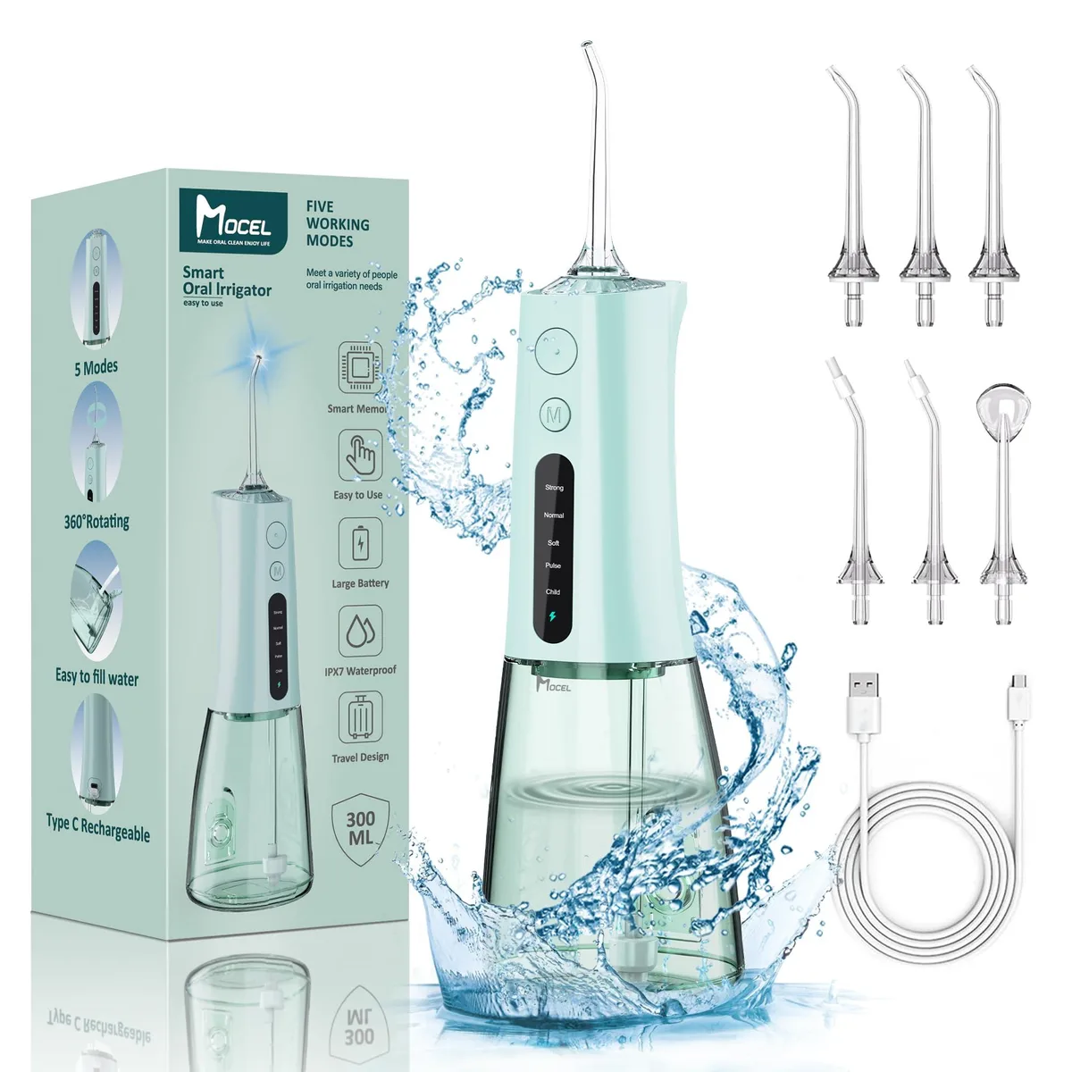 White cordless oral irrigator with OLED display, 300ml tank and six jet tips