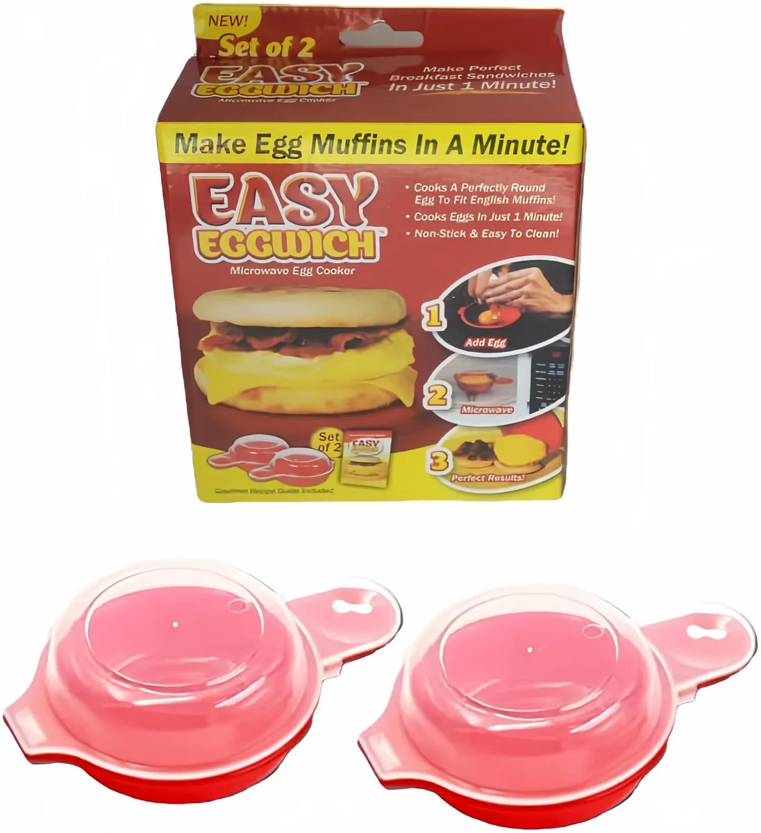Two red microwave egg cookers with clear lids, round non-stick cups