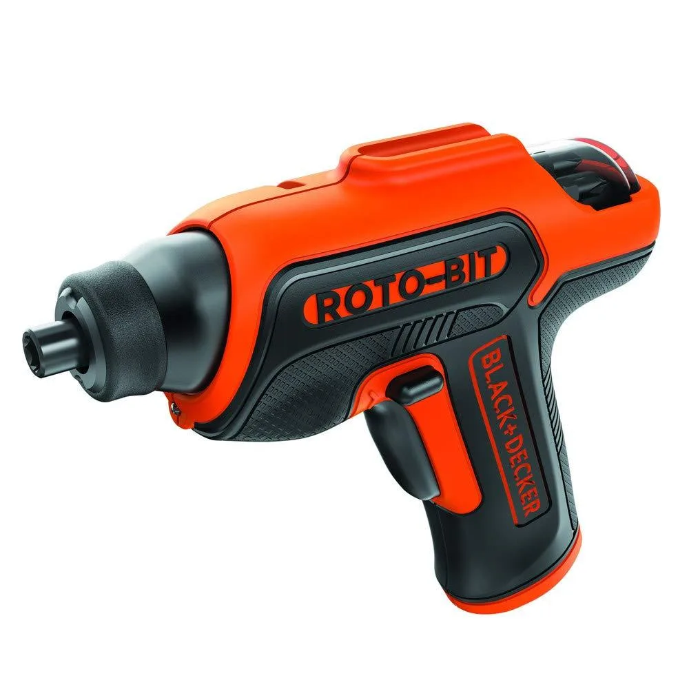 Orange cordless screwdriver with rotating bit cartridge and LED light