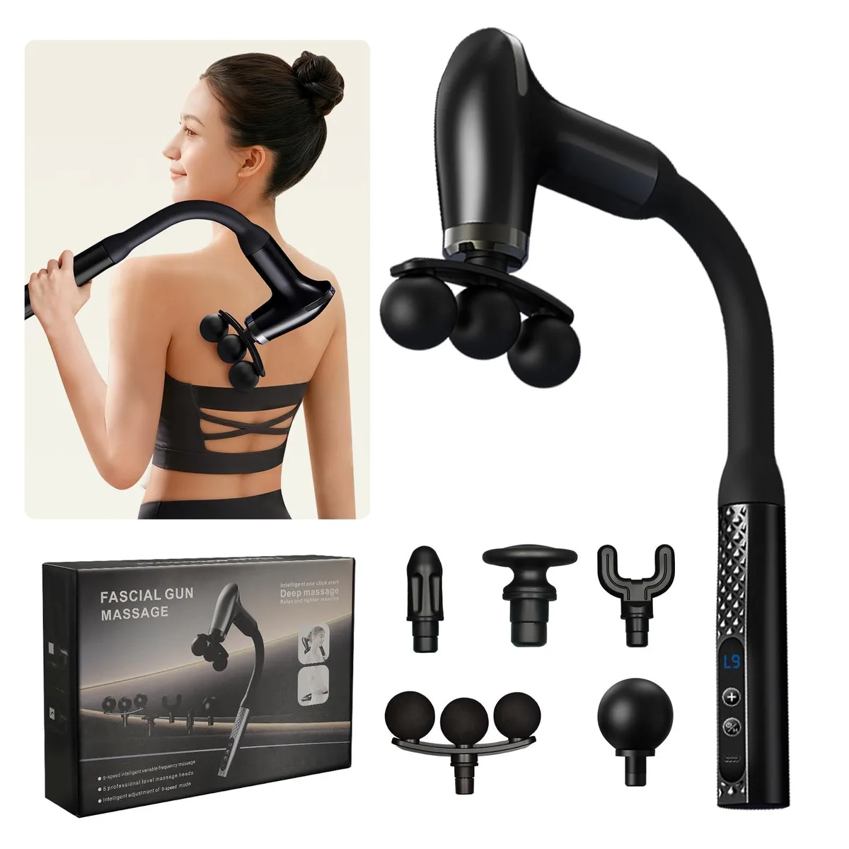 Blue handheld massage gun with curved extension handle and five interchangeable heads