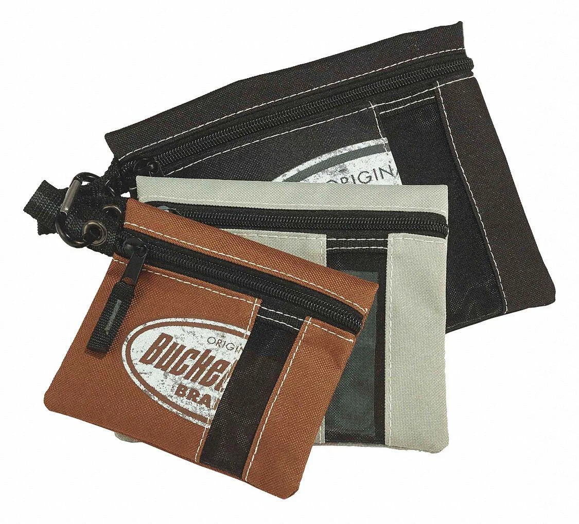 Three polyester tool bags in brown, cream, and black with mesh windows and carabiner