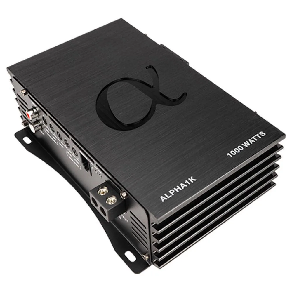 Compact black metal mono car amplifier with heat-sink fins and terminal block