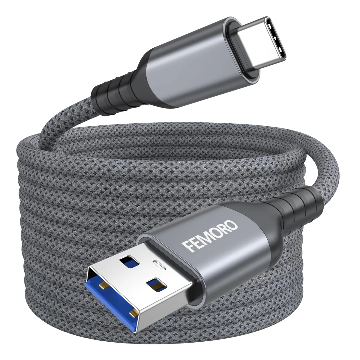 Grey braided USB-A to USB-C cable with metal connectors, twenty feet long