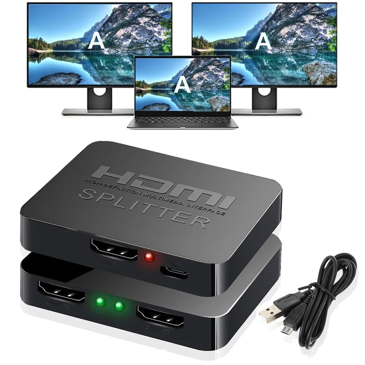 Small black metal box with HDMI ports and a USB power cable