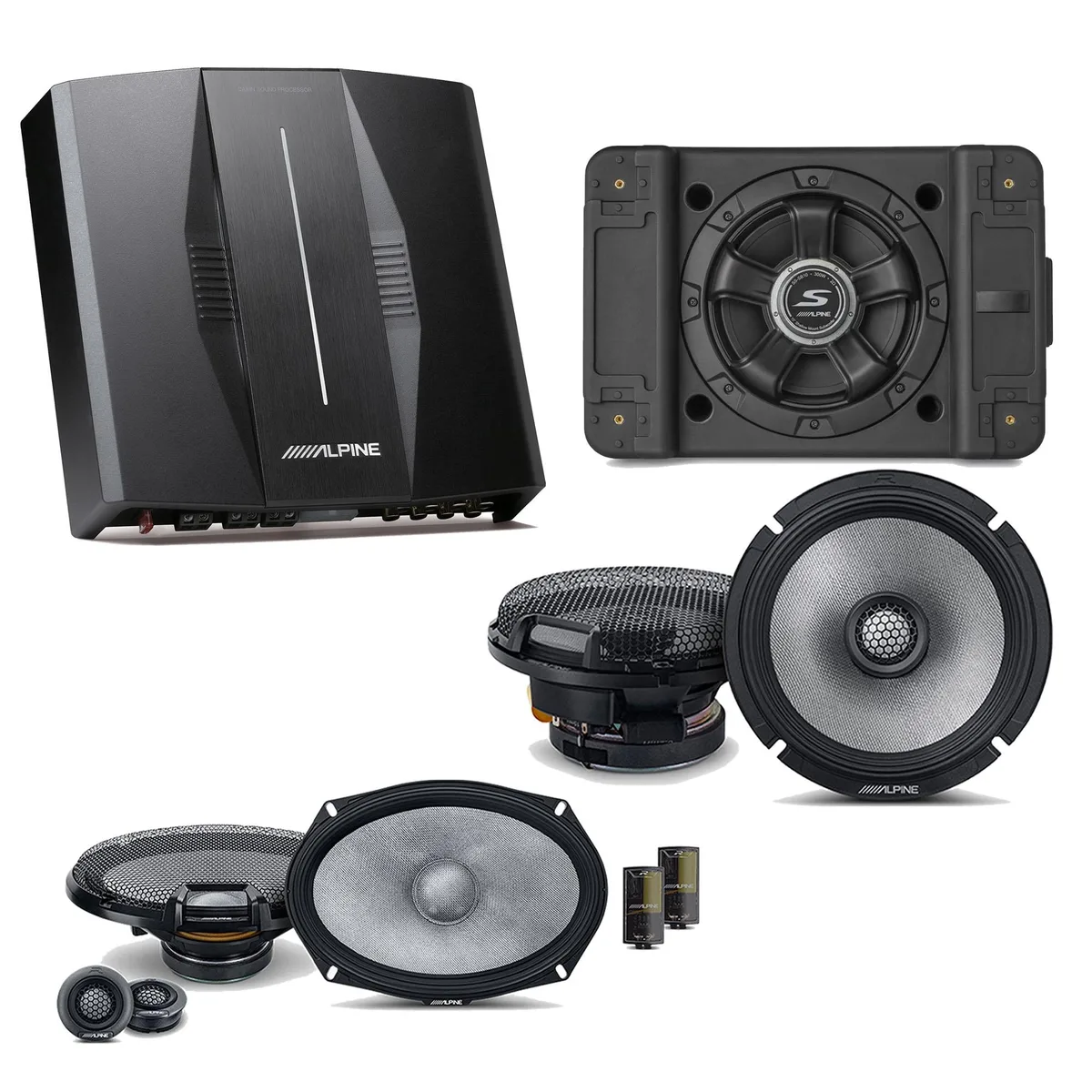 Alpine car audio bundle with processor amplifier, 12-inch subwoofer enclosure, 6.5-inch coaxial speakers and 6x9 component speakers