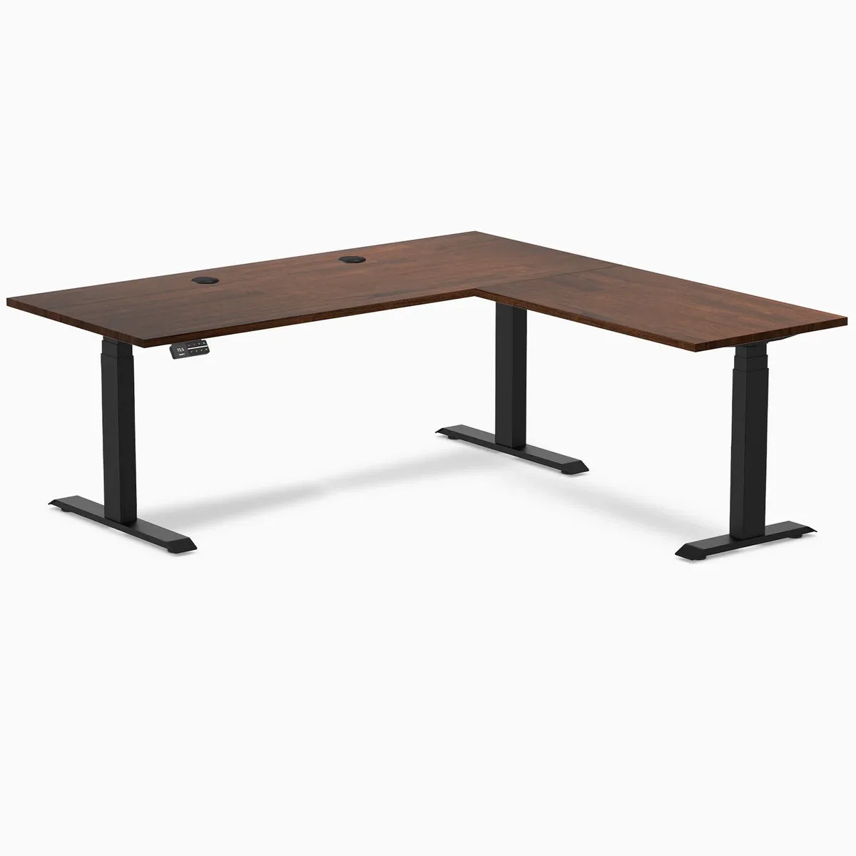 Desky Desky Rubberwood L-Shape Sit Stand Desk Red Walnut 72 x 30 x 70 x 24 in Matte Black — product photo