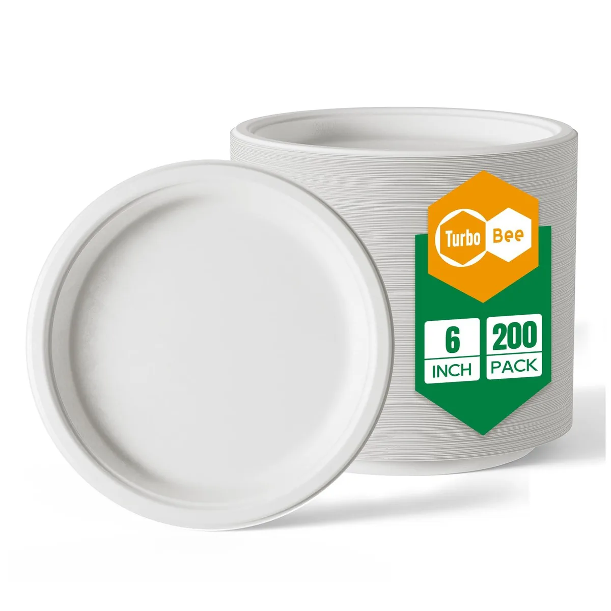 Stack of white compostable plates rectangular shape 6 inch size 200 count