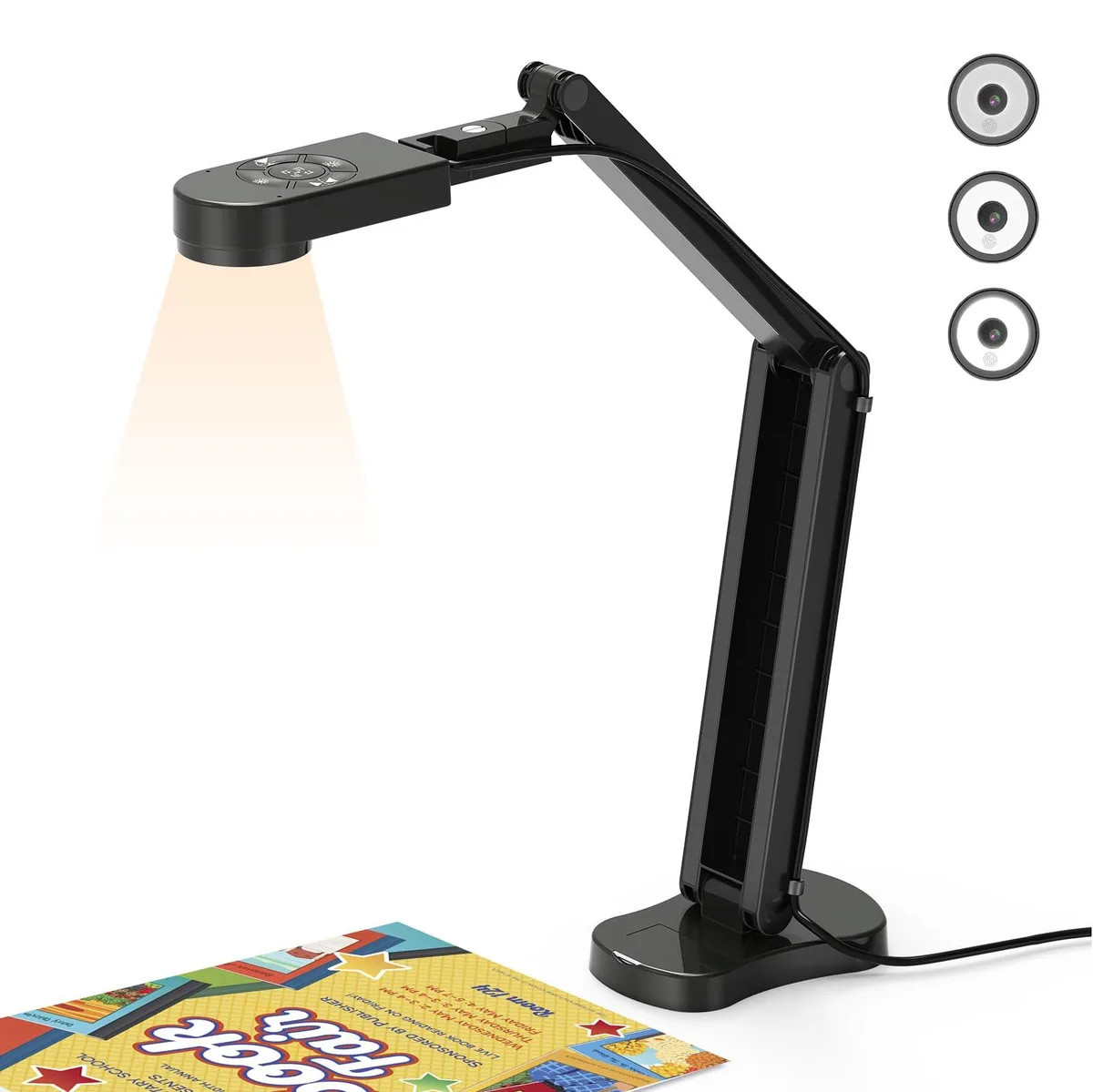 Black foldable document camera on compact base, adjustable arm, 14 LED ring lights, USB 3.0 cable attached