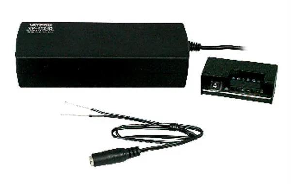 Rectangular black power adapter with wall-mount tabs and attached cable