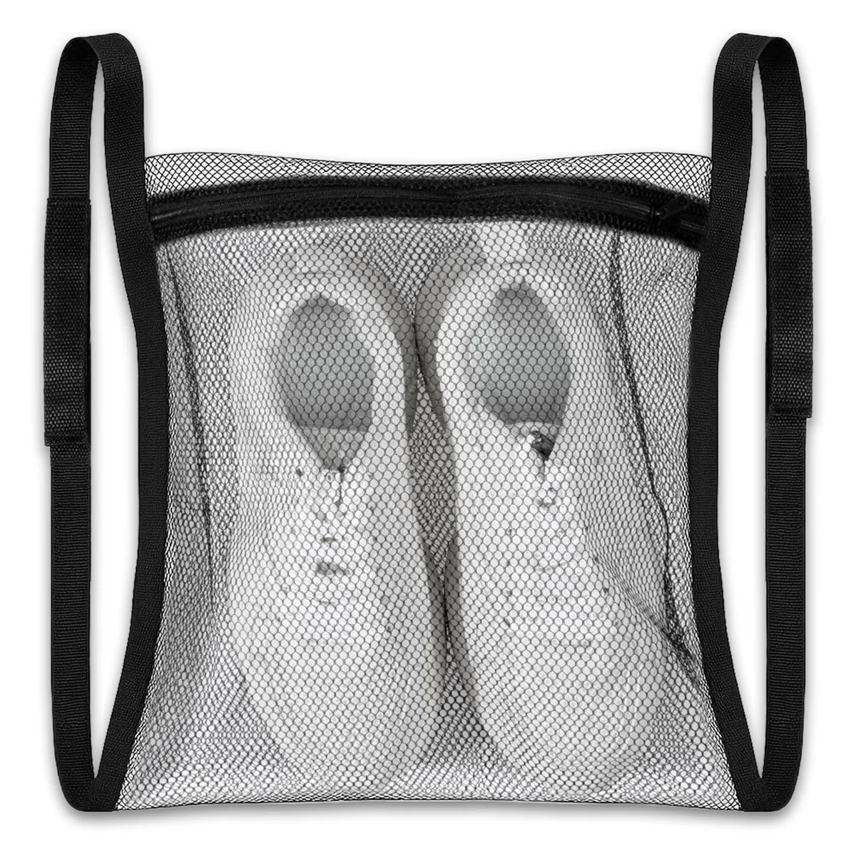 Black mesh laundry bag with zipper and adjustable straps, 36 inch size