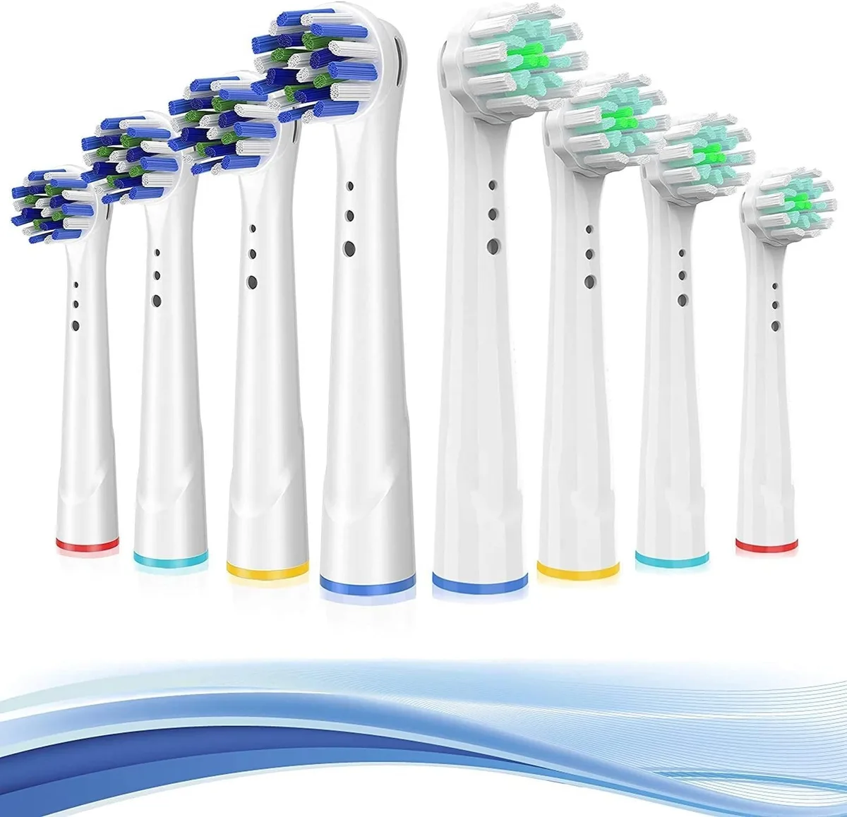 Eight white Oral-B compatible brush heads with coloured rings
