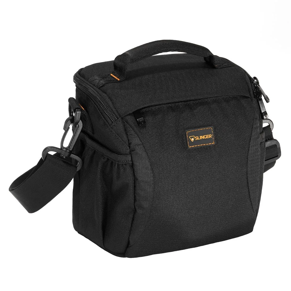 Silver mirrorless camera body with film simulation dial, shoulder bag and memory card