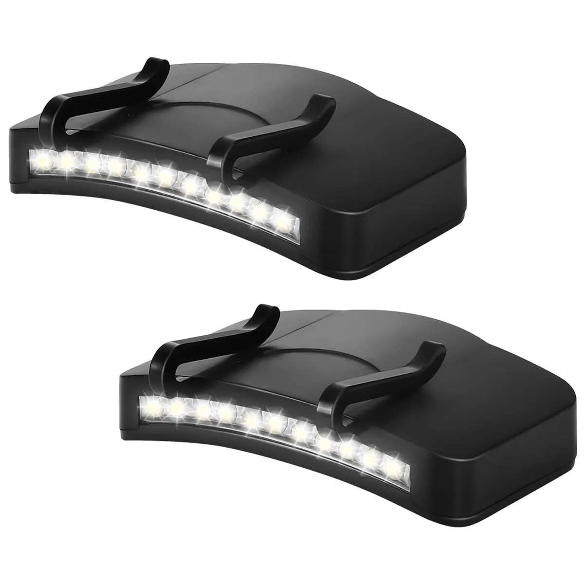 Two black clip-on hat lights, each with 11 LEDs, compact rectangular shape, matte finish