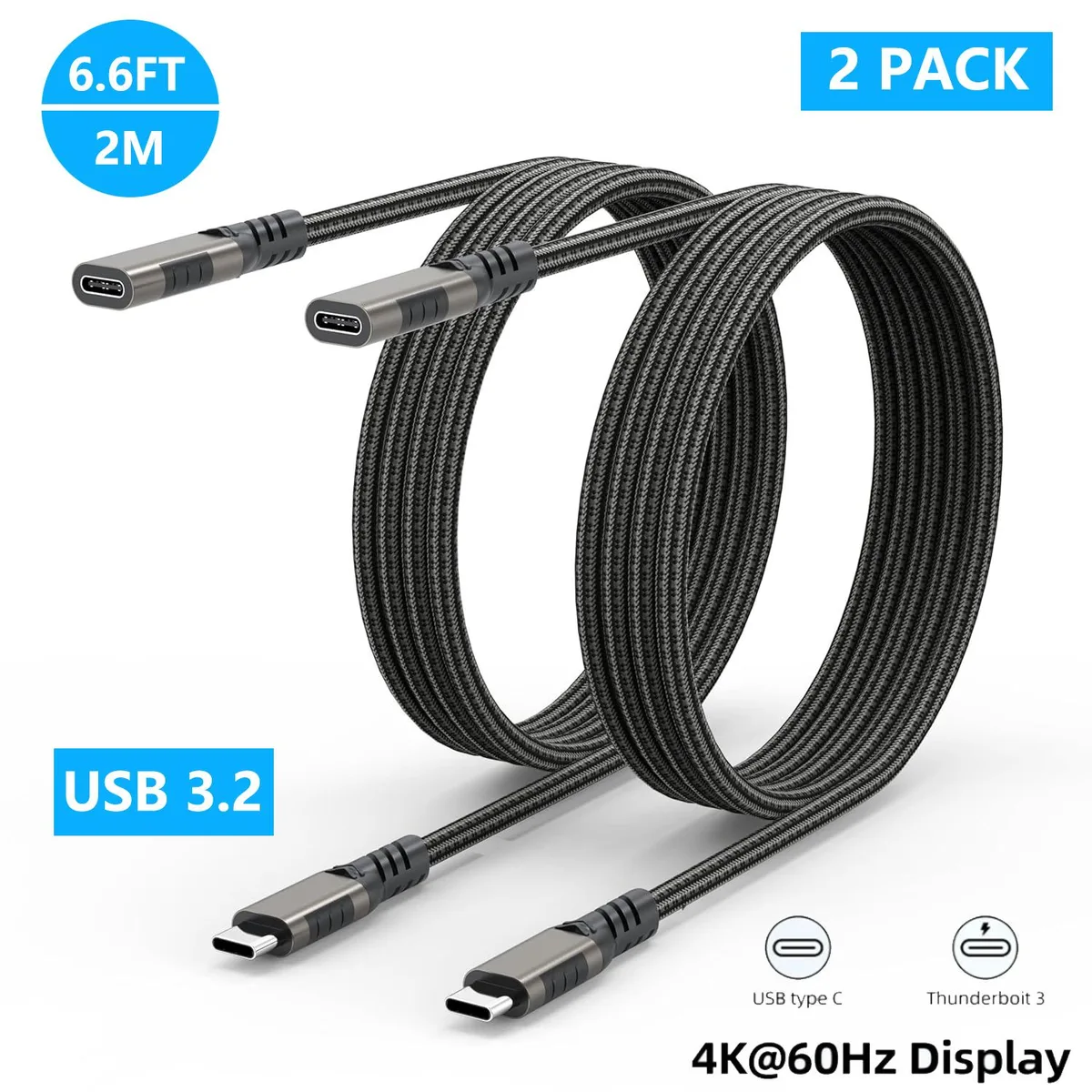 Hitoor Hitoor USB C Extension Cable 6.6ft 20Gbps 100W 2-Pack — product photo