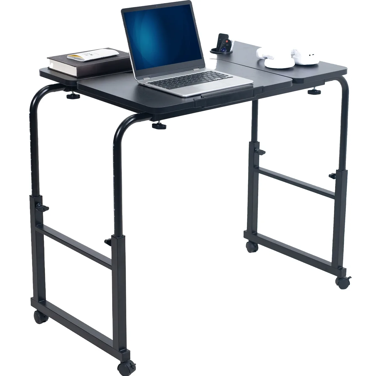 Black mobile height-adjustable desk on four lockable casters, rectangular tabletop with tilting section, metal frame extends lengthwise