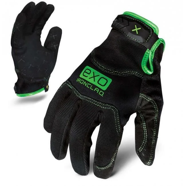 Black and green mechanics gloves with neoprene knuckle protection and hook-and-loop cuff