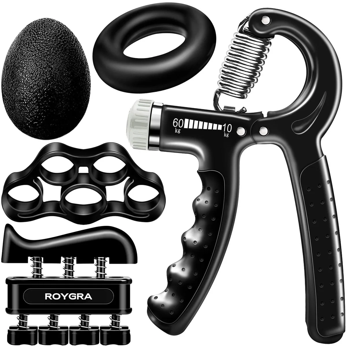 Black 5-piece hand-strength kit with adjustable grip trainer, finger exerciser, stretcher, ball, ring and storage bag