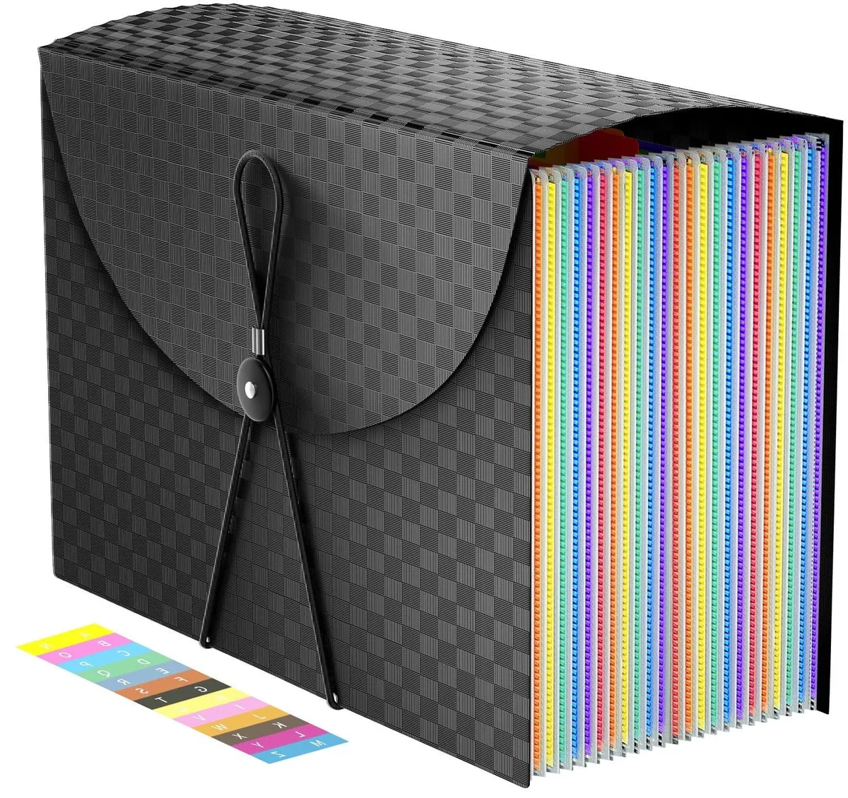 Translucent polypropylene expanding file folder with 24 rainbow-coloured pockets and elastic closure