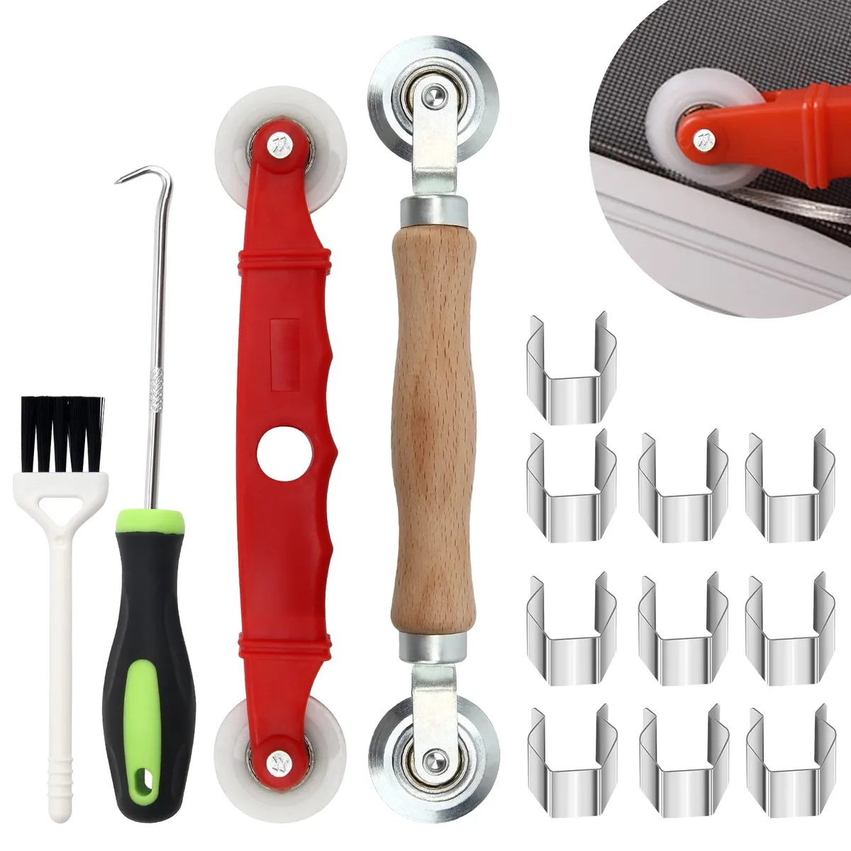 14-piece screen repair kit with wooden roller, bearing spline tool, removal hook, brush and 10 clips