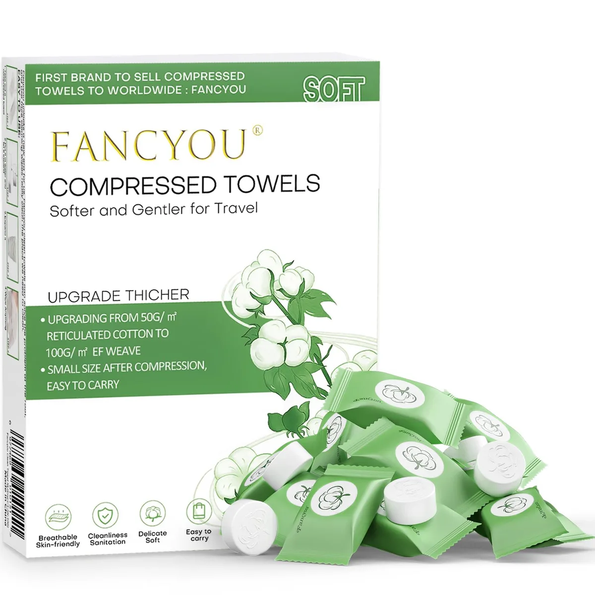 Green cylindrical container holding 100 compressed cotton towel tablets