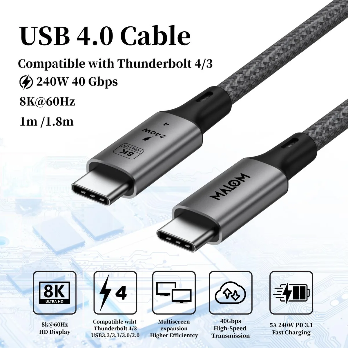 MALOM MALOM USB4 cable USB‑C to USB‑C 1.8 m 40 Gbps 240 W 8K 60 Hz — product photo