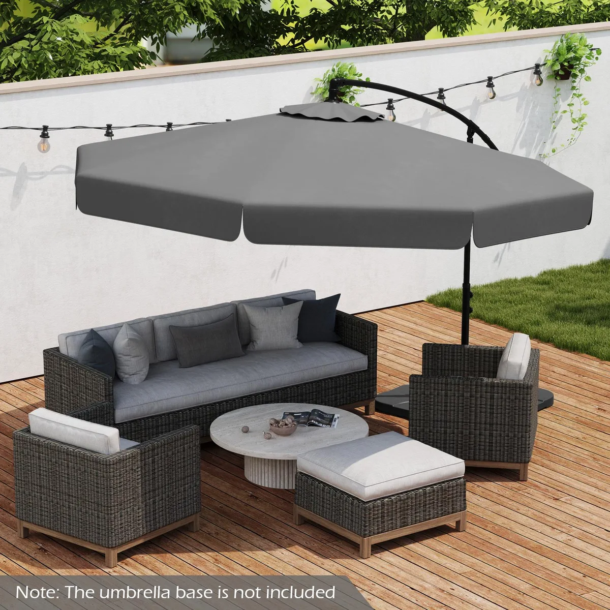 Grey cantilever patio umbrella with ruffled canopy edge and crank handle