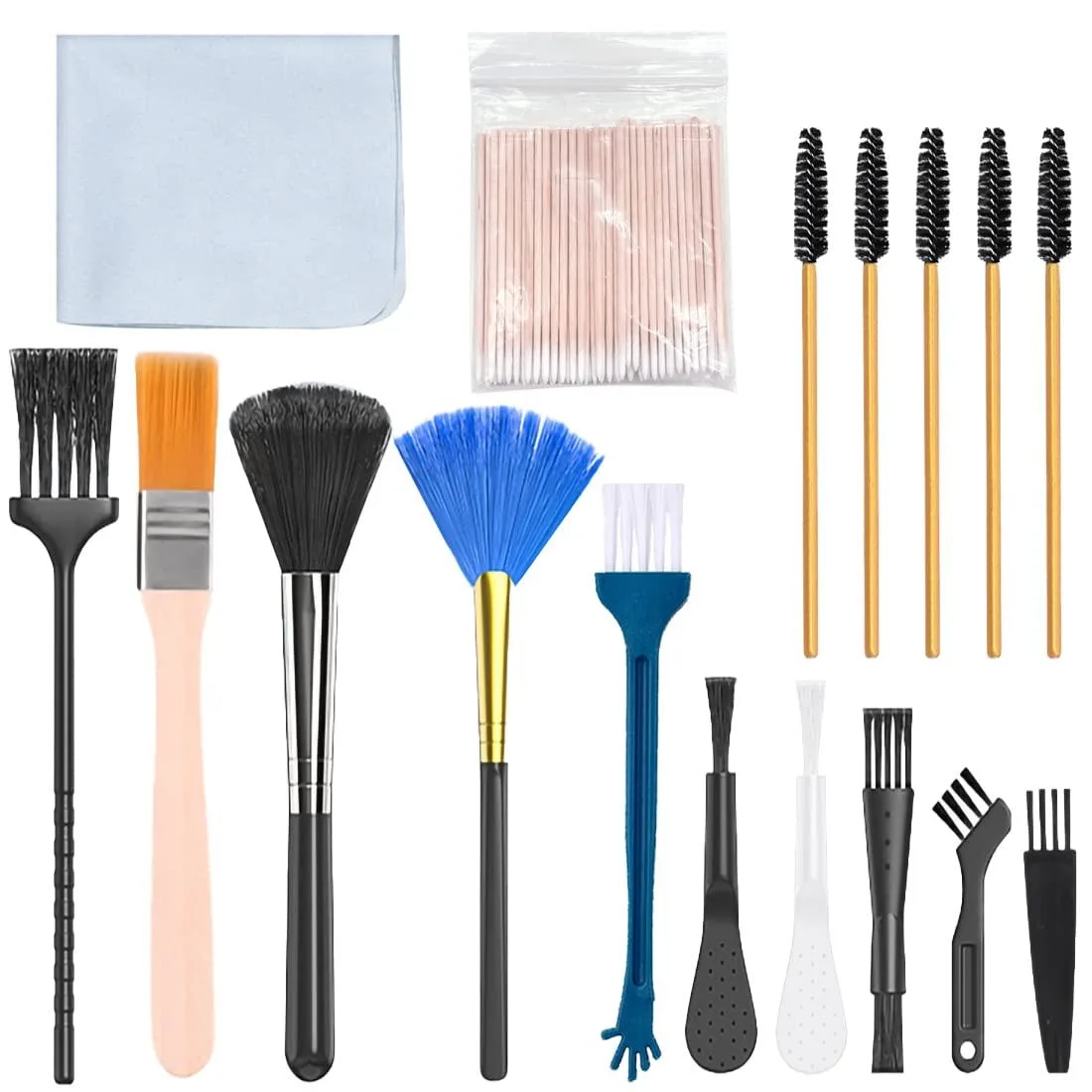 Compact cleaning kit with brushes, swabs and microfiber cloth in a case
