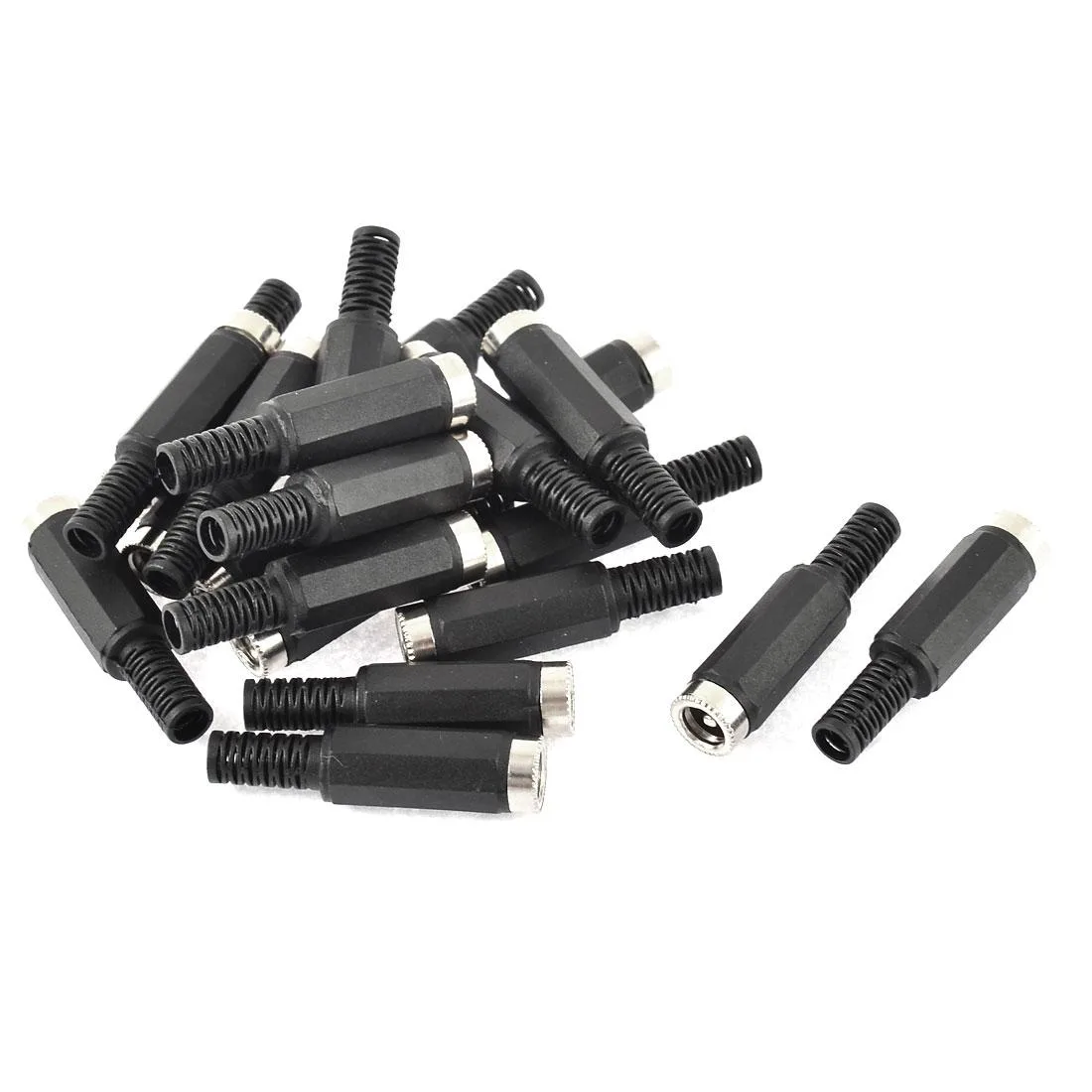 Twenty black and silver female DC power plugs with plastic bodies and strain relief