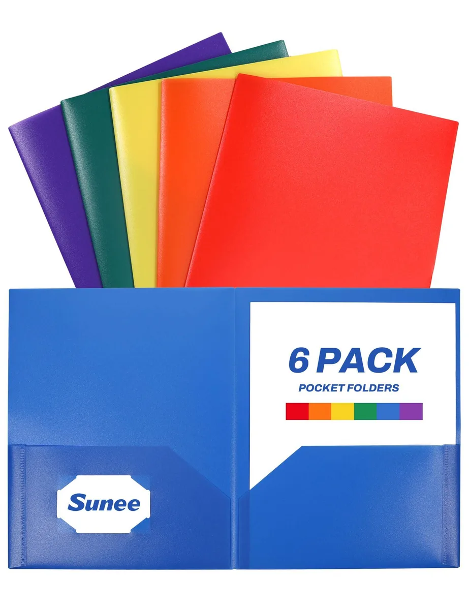 Six pastel plastic letter-size folders with two pockets each