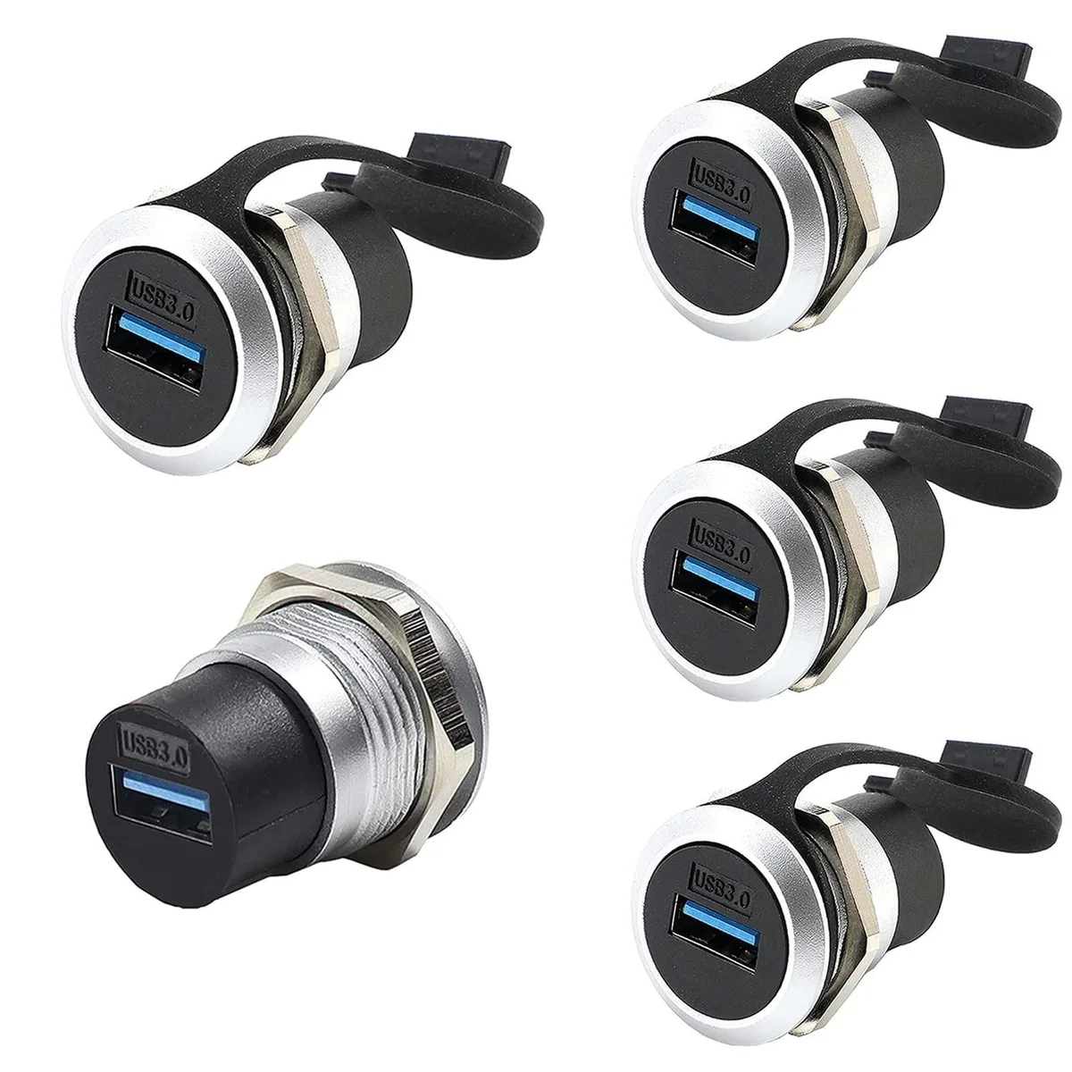 Rectangular zinc-alloy USB 3.0 panel-mount coupler with dust cap