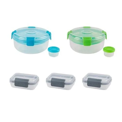 Fourteen-piece salad container set with divided trays and dressing cups