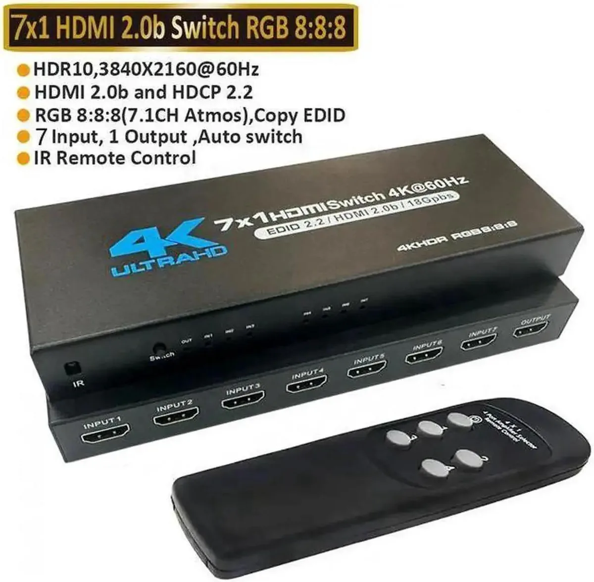 SMUGDESK SMUGDESK 7 in 1 Out HDMI Switch 4K60Hz with IR Remote — product photo