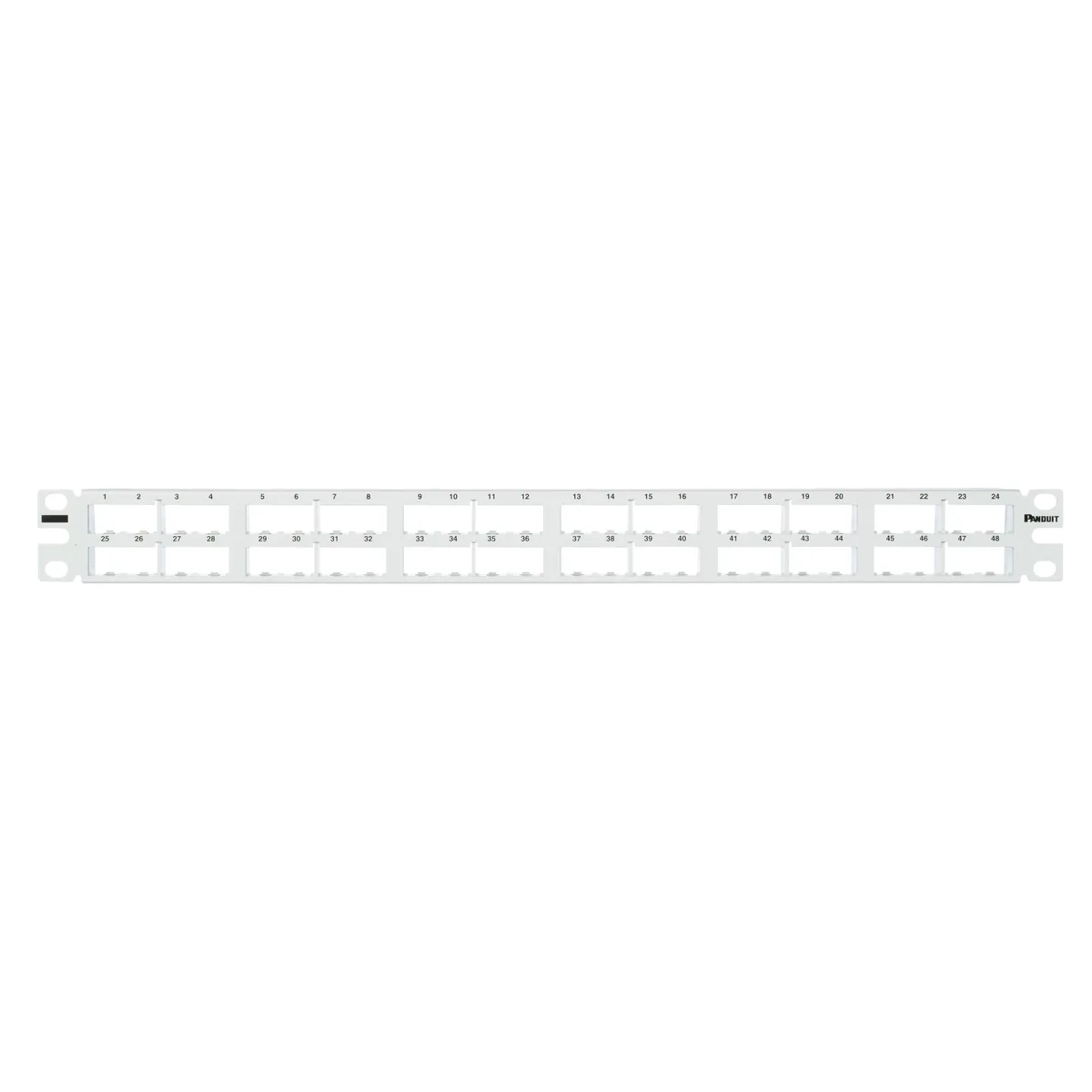 White 1U patch panel with 48 Mini-Com ports, flat unshielded design, 18.98 inches wide