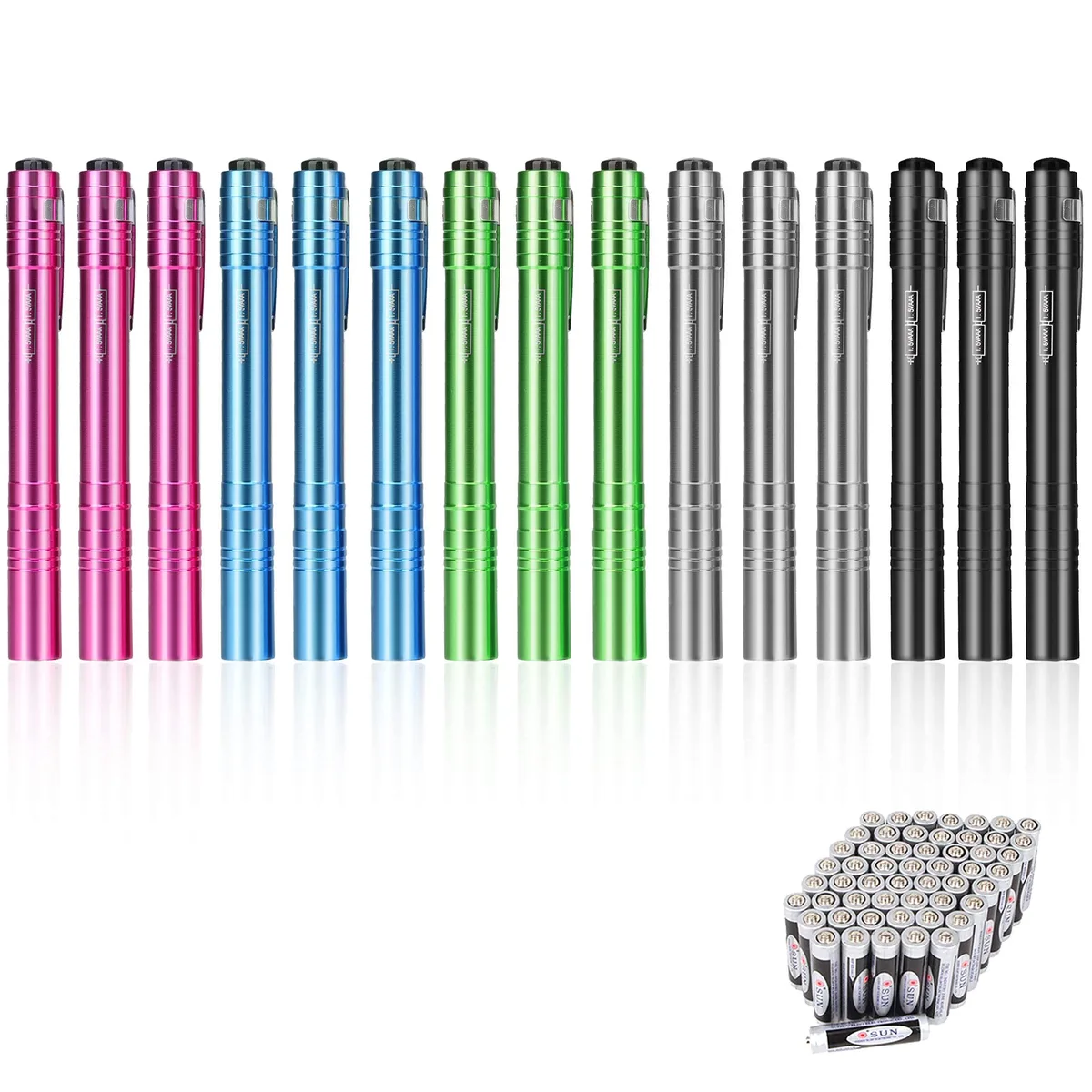 Fifteen silver aluminium penlights with pocket clips in a pack