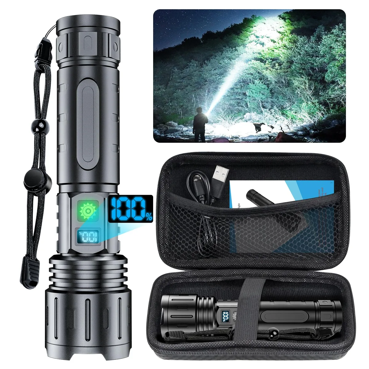 Black cylindrical flashlight with digital power display and USB-C port