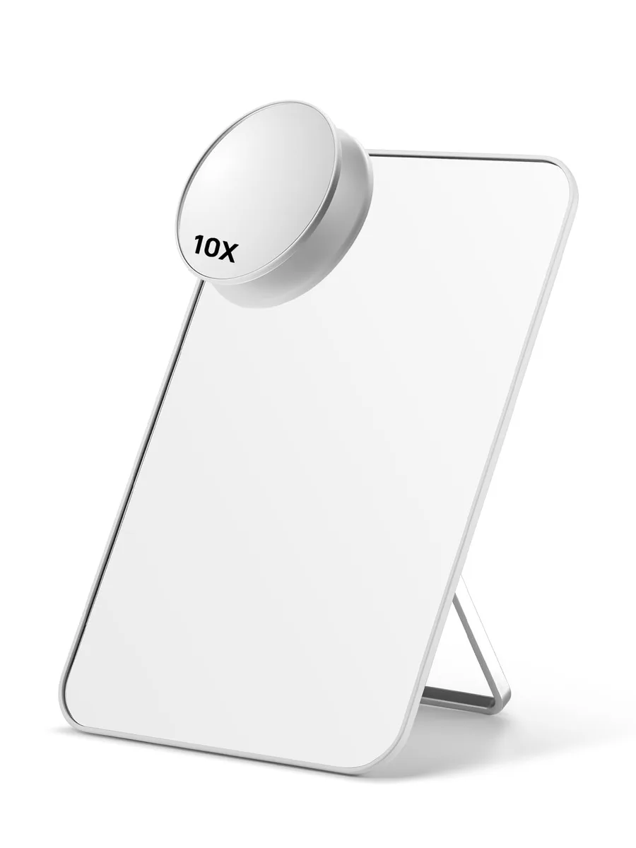 White rectangular tabletop mirror with foldable stand and detachable 10X magnifier