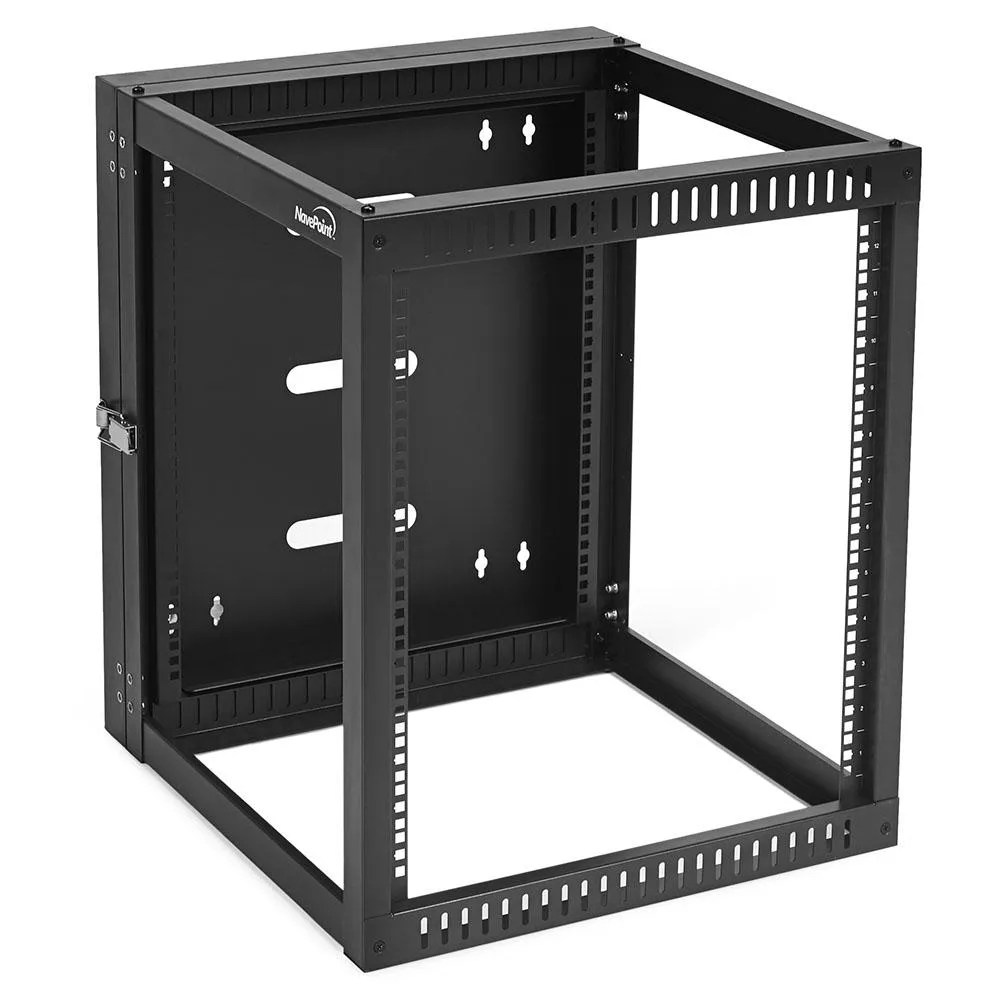 Black 12U hinged wall-mount open frame rack with swing gate, 23.7 inch depth