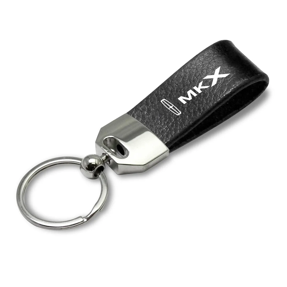 Black leather loop key chain with Lincoln MKX logo and chrome metal block