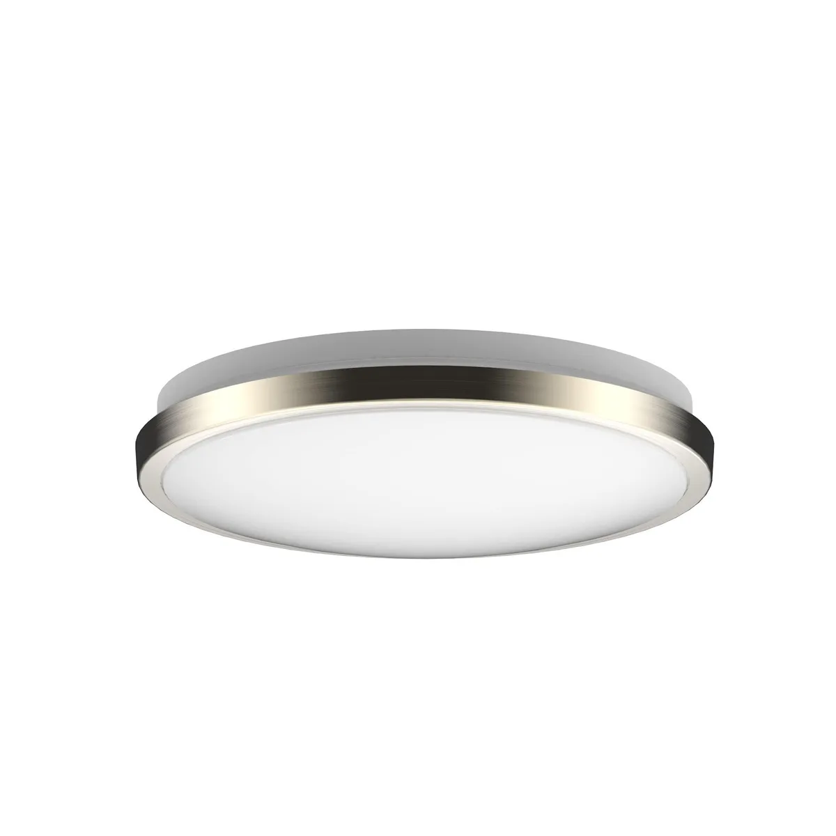 White 10-inch flush-mount LED ceiling ring with clear prismatic glass, brushed nickel trim