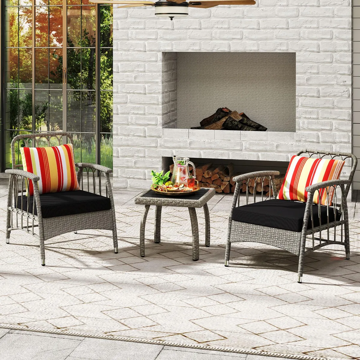 Grey PE wicker patio set with two adjustable chairs and a square coffee table