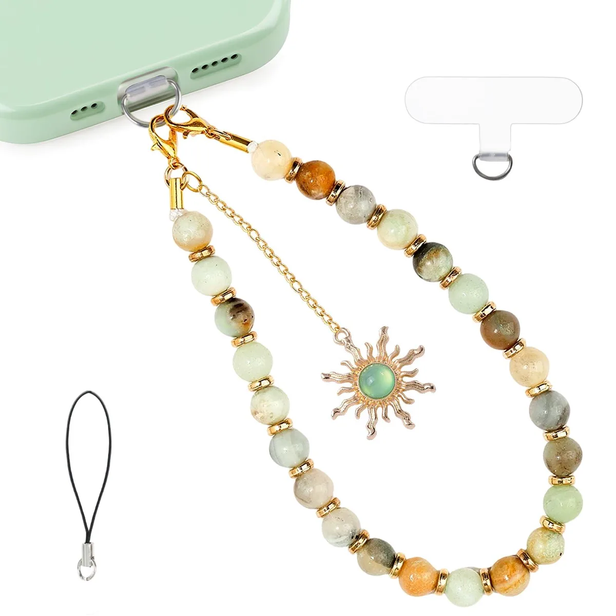 Amazonite beaded bracelet with golden sun charm on elastic cord