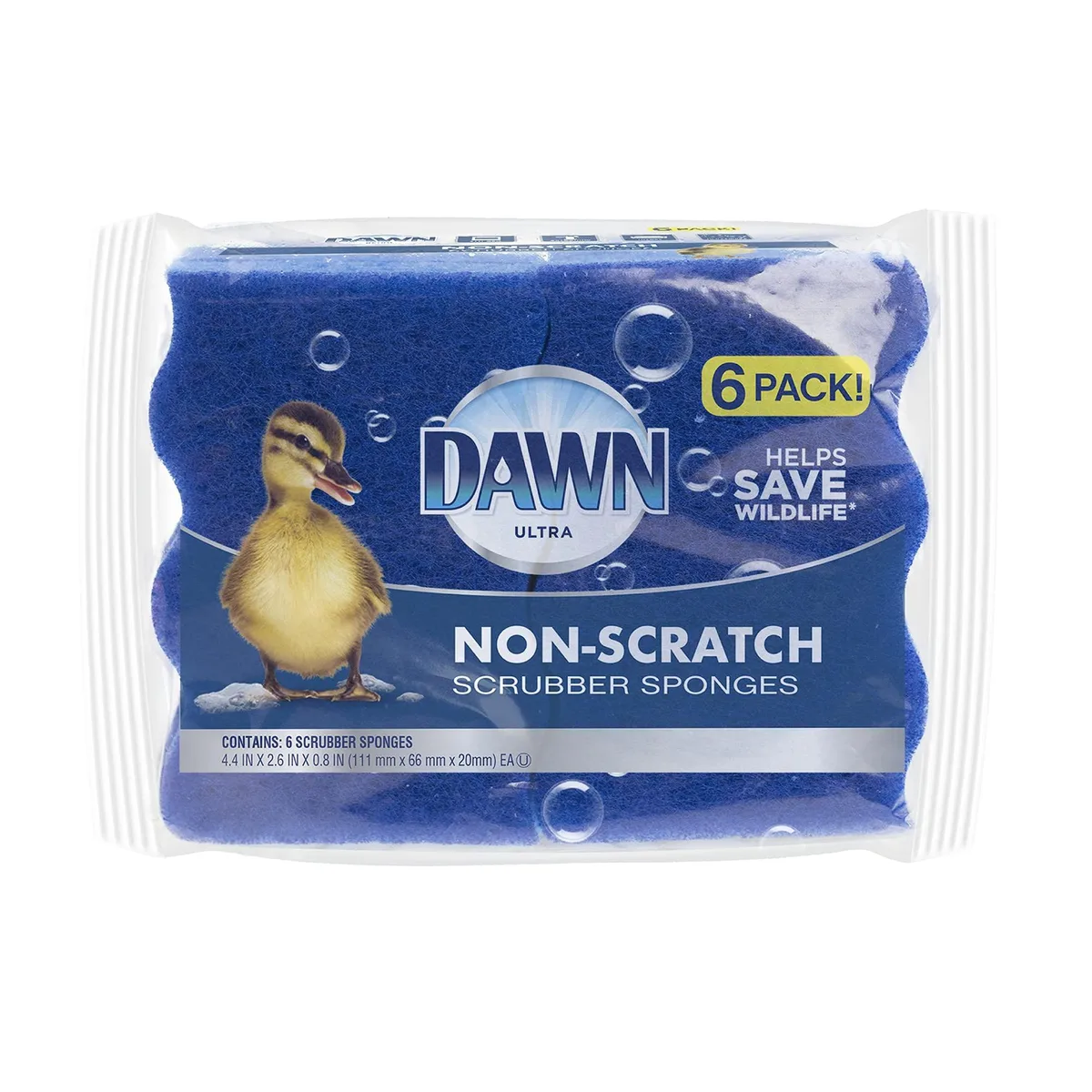 Six blue rectangular sponges with textured scrubber side and smooth cellulose side, each 4.4 by 2.6 by .8 inches