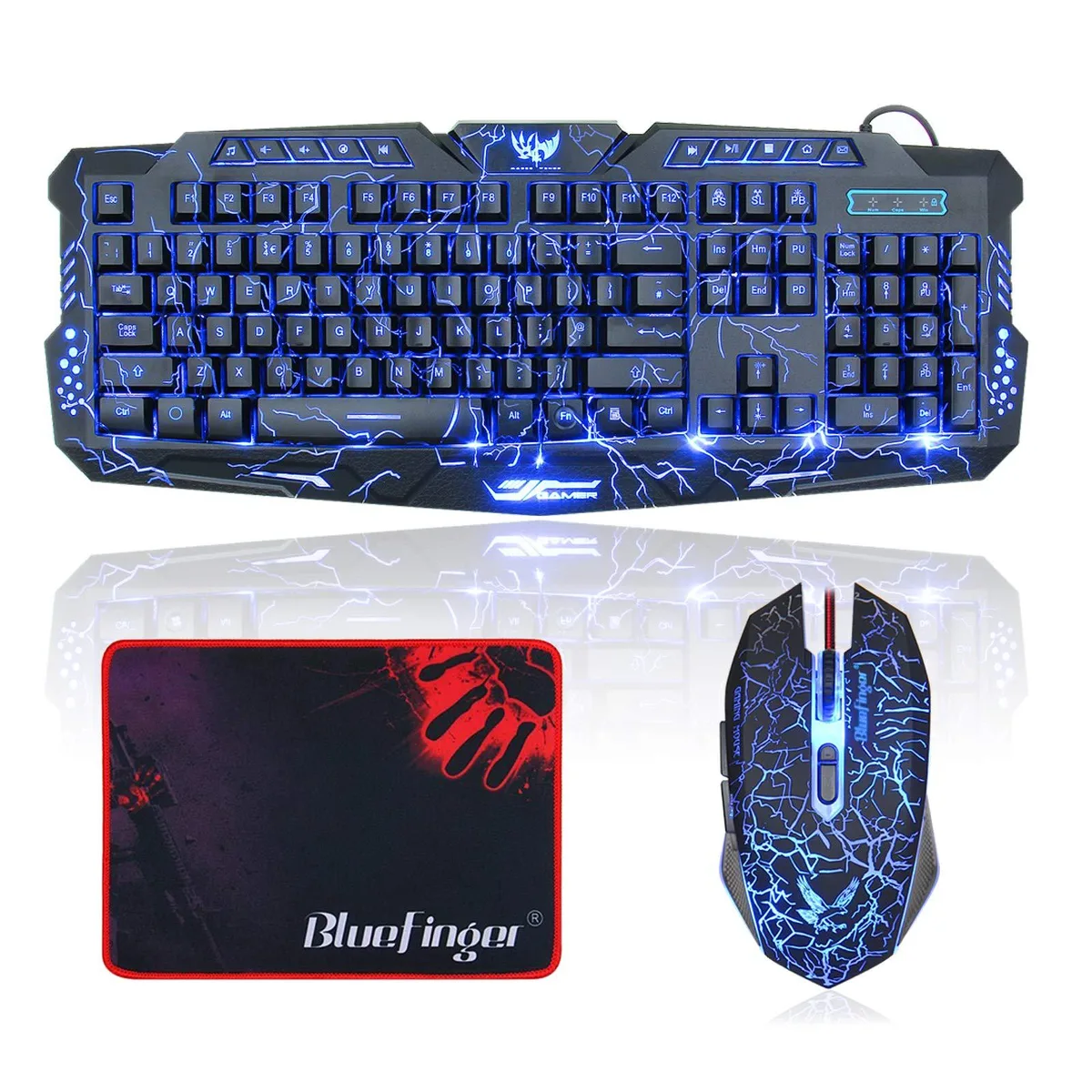 Redragon 200WY Gaming Keyboard and Mouse Combo — 3 Color Crack Backlit, 104 Keys, 800–2000 DPI, 11.8×9.8" Pad — product photo