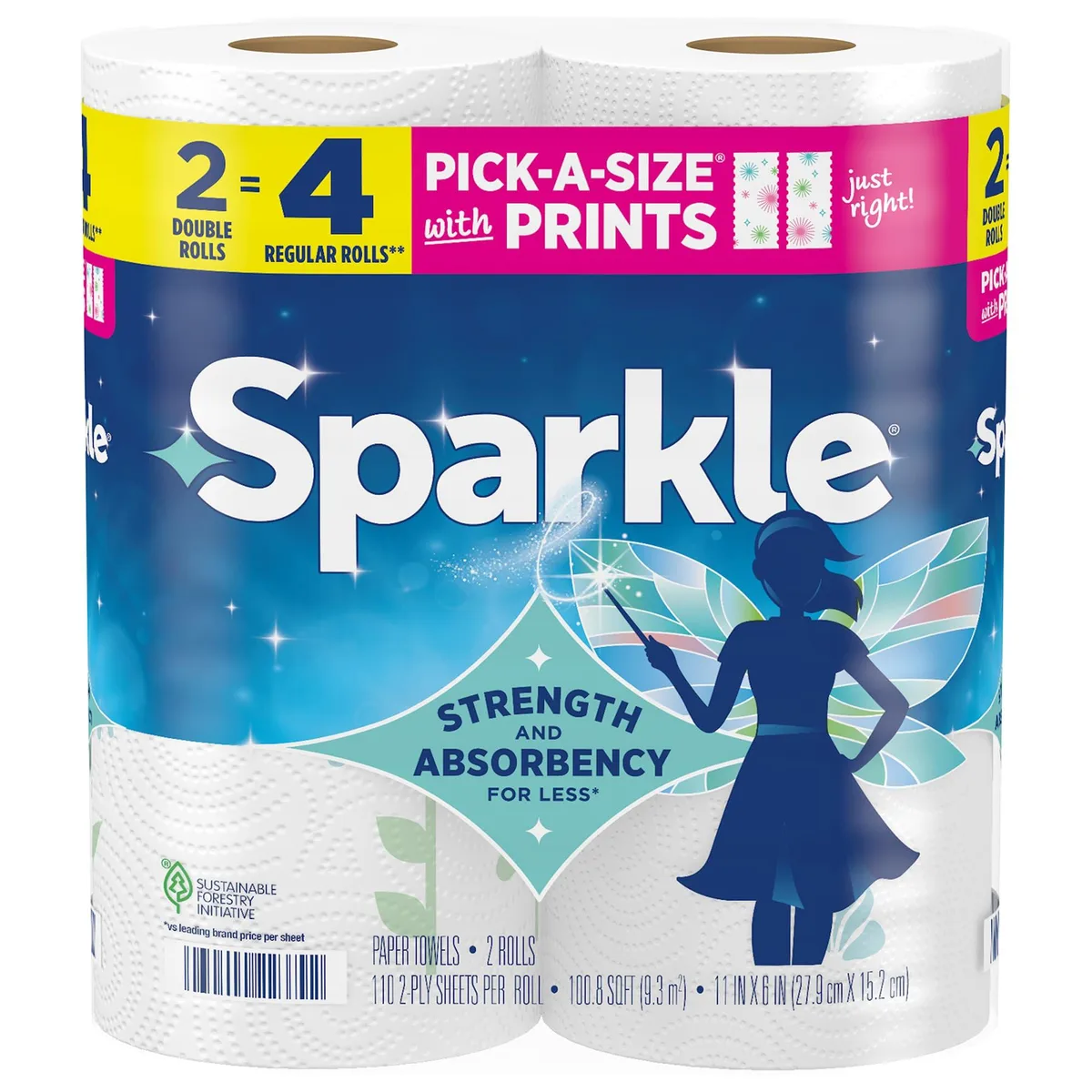 Two double rolls of multi-color paper towels in printed packaging