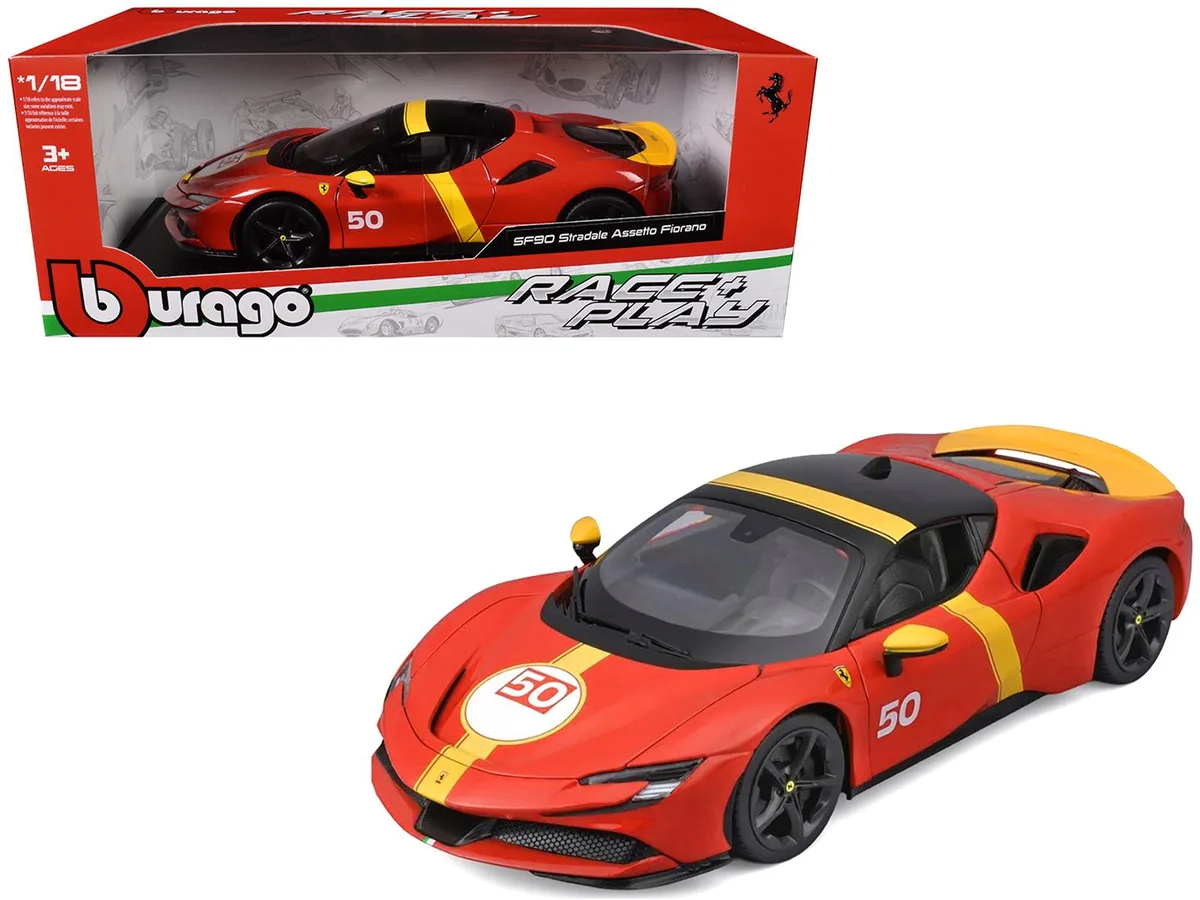 BBURAGO BBURAGO Ferrari SF90 Stradale Assetto Fiorano #50 Red Black Yellow 1/18 Diecast — product photo