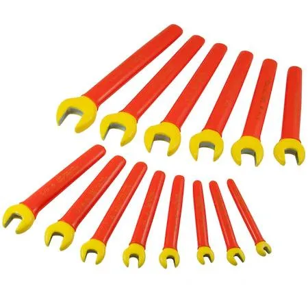 Fourteen insulated SAE open-end wrenches in orange and yellow, rolled in canvas