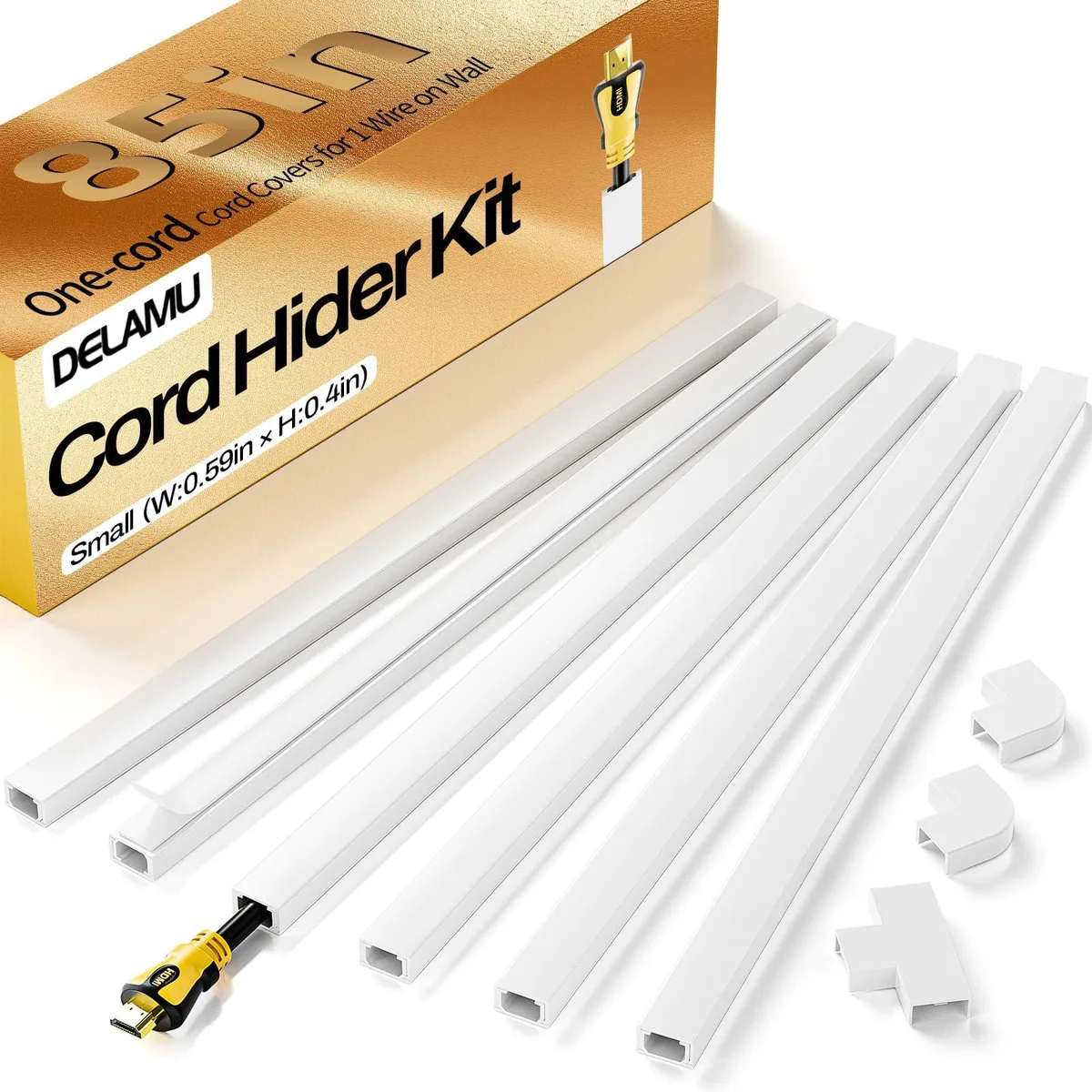 White self-adhesive PVC cord cover, 85 inches long, low-profile rectangular channel with snap-together sections and pre-applied tape
