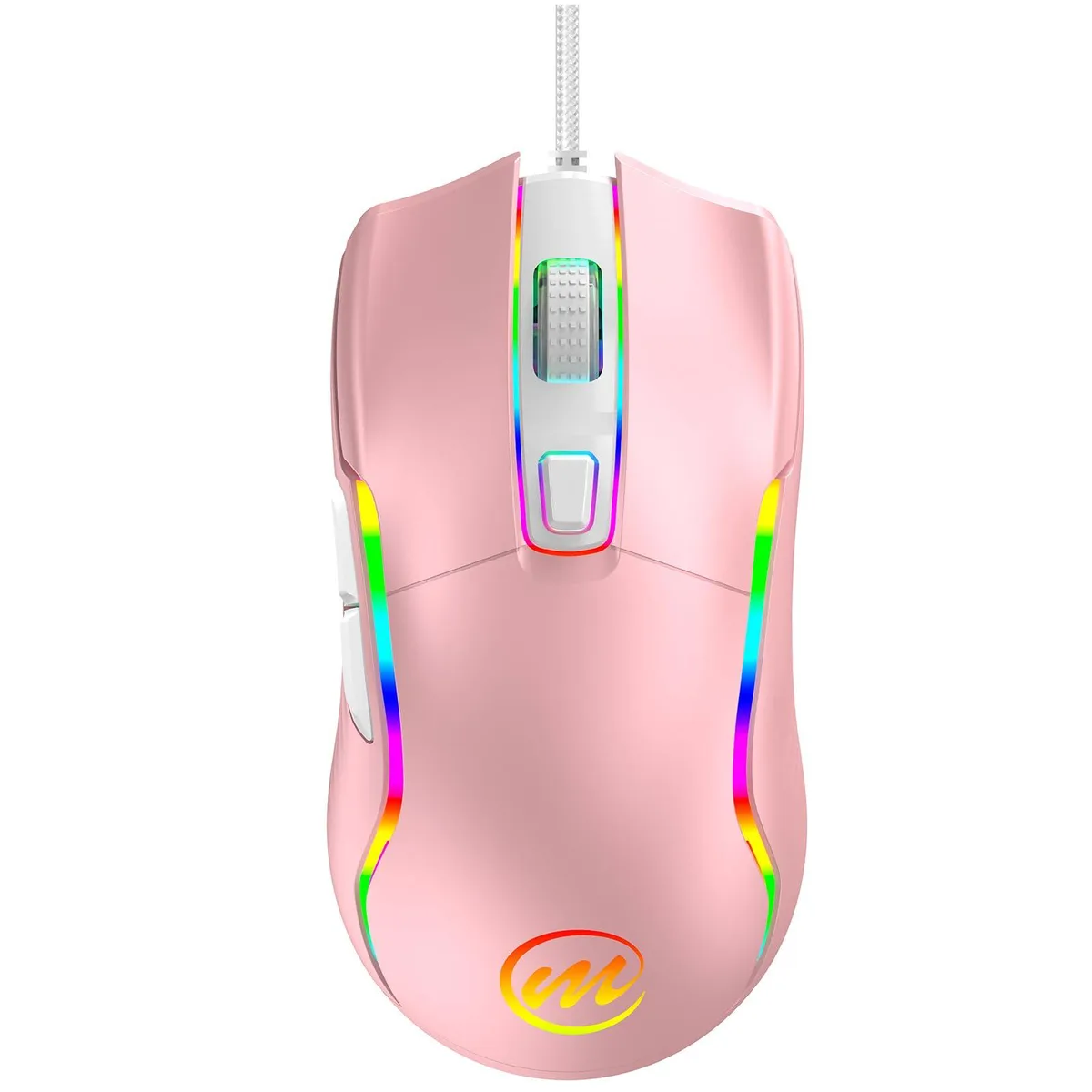 Pink wired gaming mouse with 16 buttons and braided cable