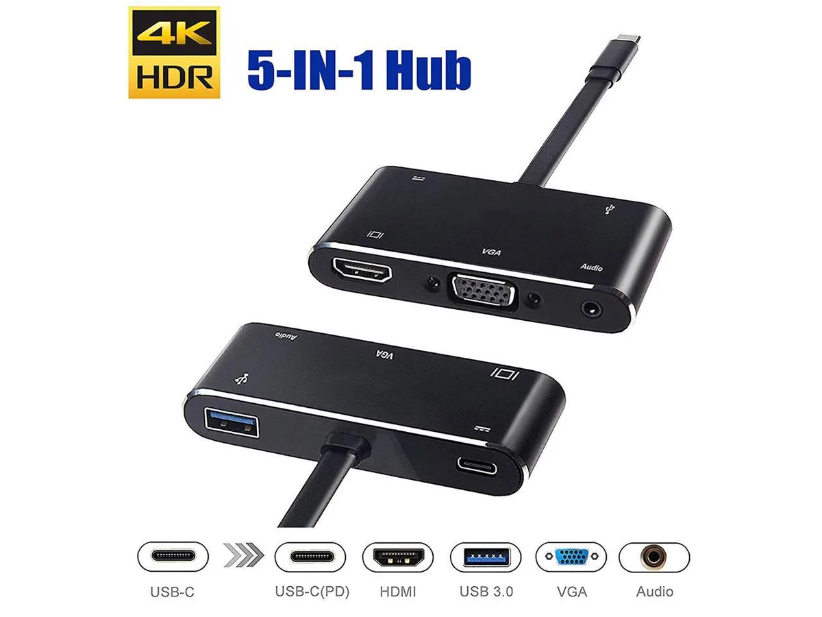 HAMAXA HAMAXA 5-in-1 USB-C 3.1 to HDMI 4K VGA Audio USB 3.0 PD Black — product photo