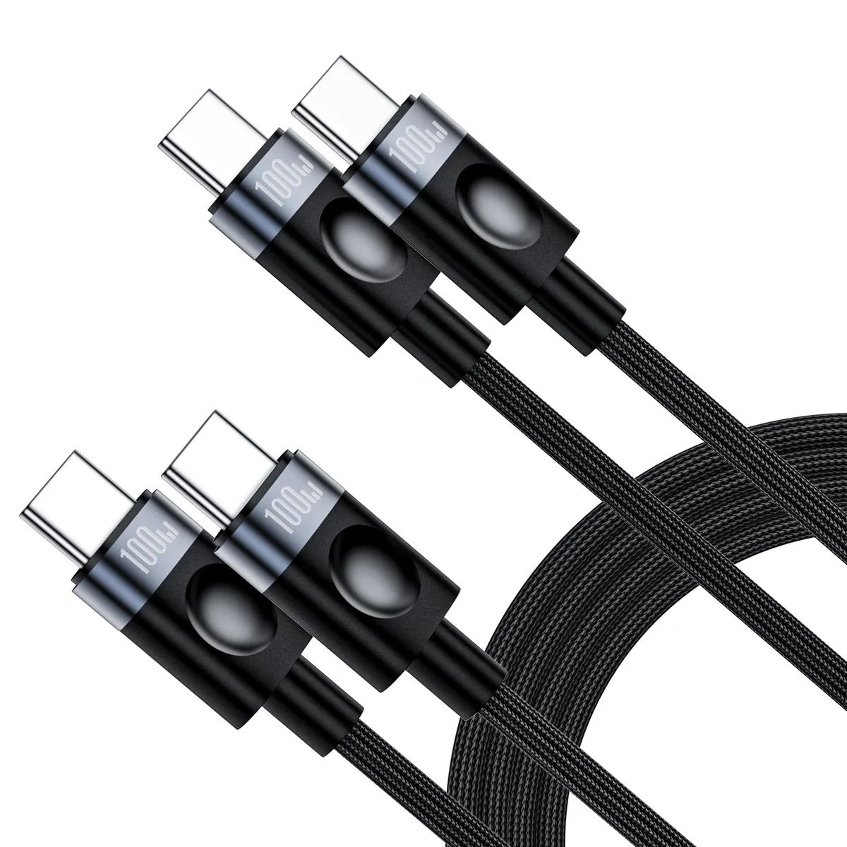 Two orange braided USB-C cables coiled together, six feet each, male-to-male connectors visible